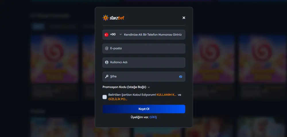 Starzbet üyelik formu alanları ve +90 ülke kodu