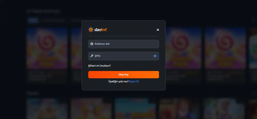 Starzbet giriş ekranı: kullanıcı adı ve şifre alanları